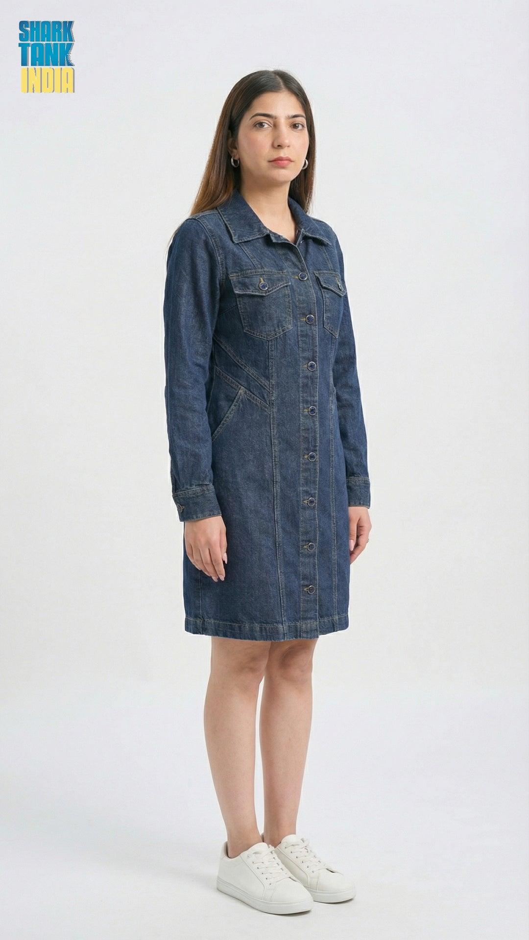 Woman wearing a denim dress on a white background
