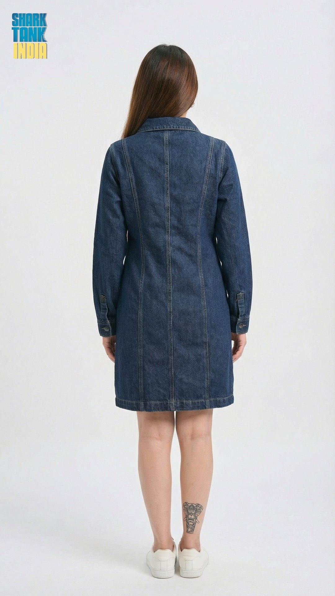 Person wearing a blue denim dress on a white background