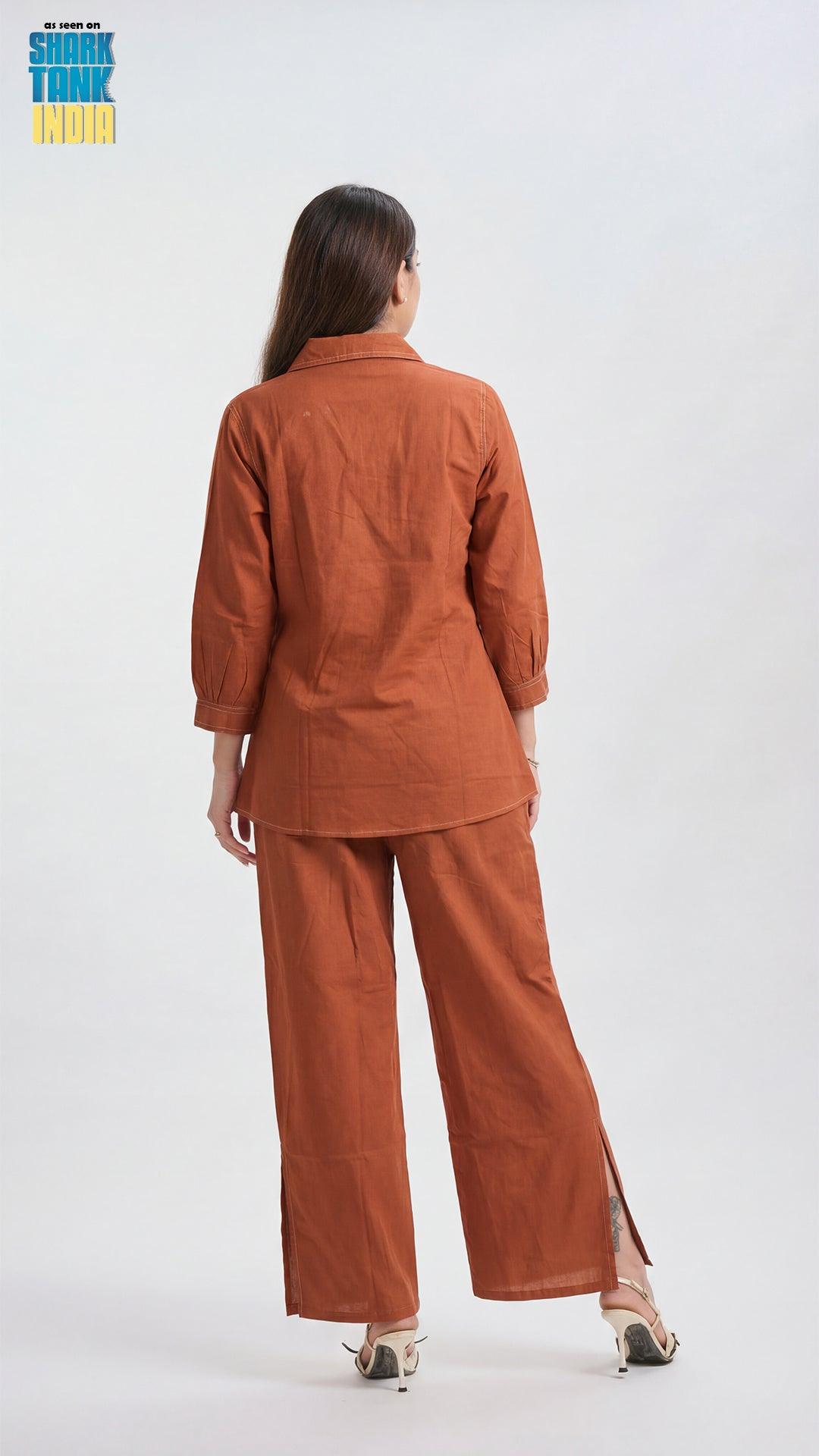 Woman wearing a brown outfit on a white background