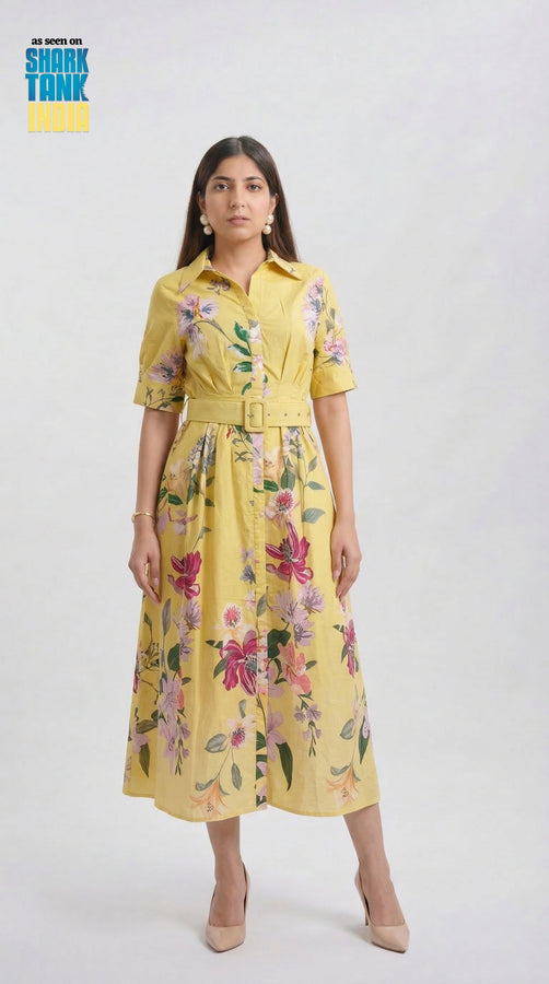 Woman wearing a yellow floral dress on a white background