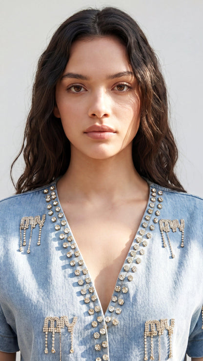 Woman wearing a denim outfit with embellishments against a white background