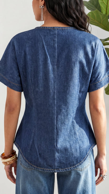 Person wearing a blue denim shirt and pants with a neutral background