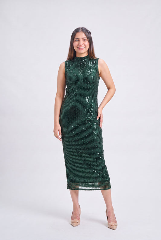 Tbfo Covered Neck Sequin Green Dress