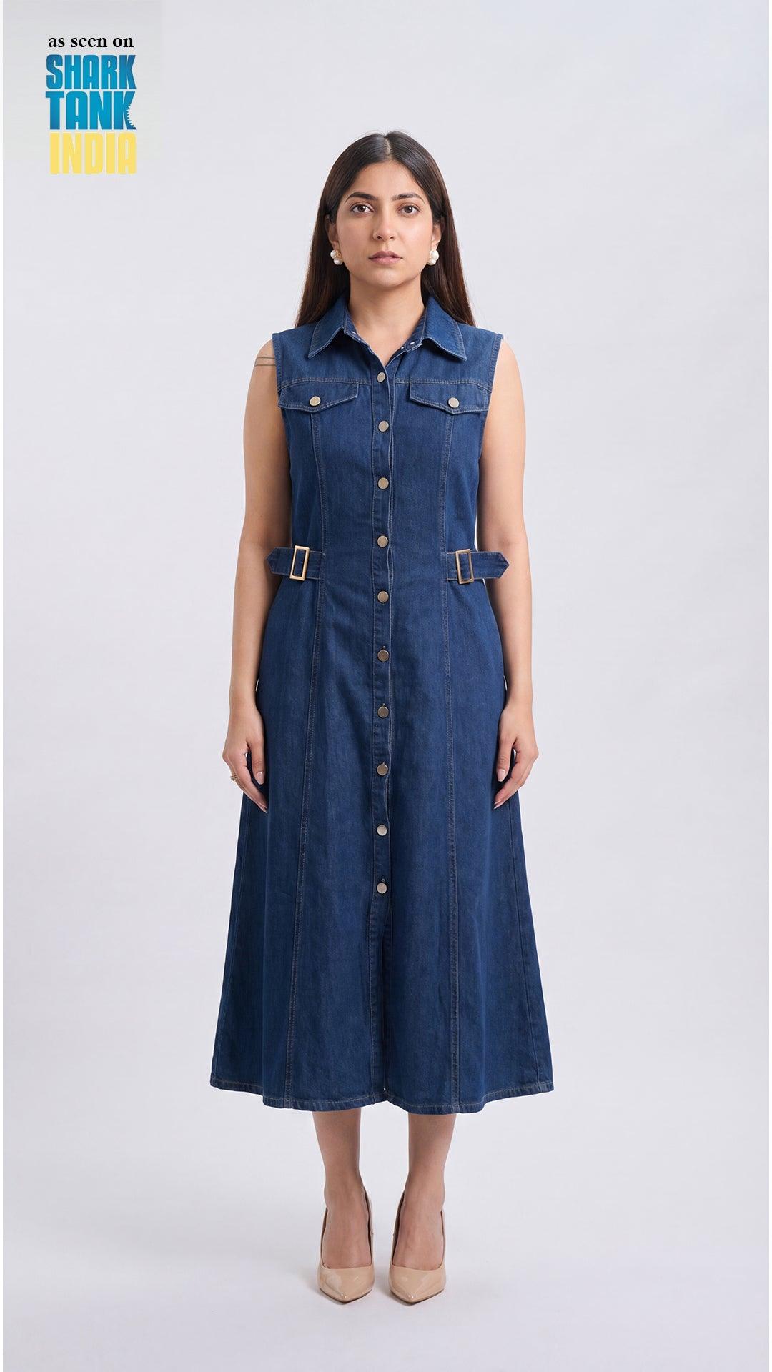 Woman wearing a denim dress on a white background with 'Shark Tank' branding.