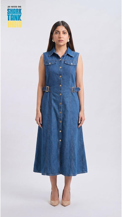 Woman wearing a denim dress on a white background