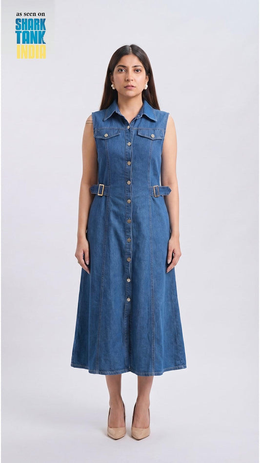 Woman wearing a denim dress on a white background