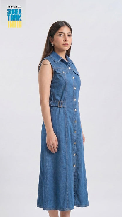 Woman wearing a blue denim dress on a white background with Shark Tank logo.