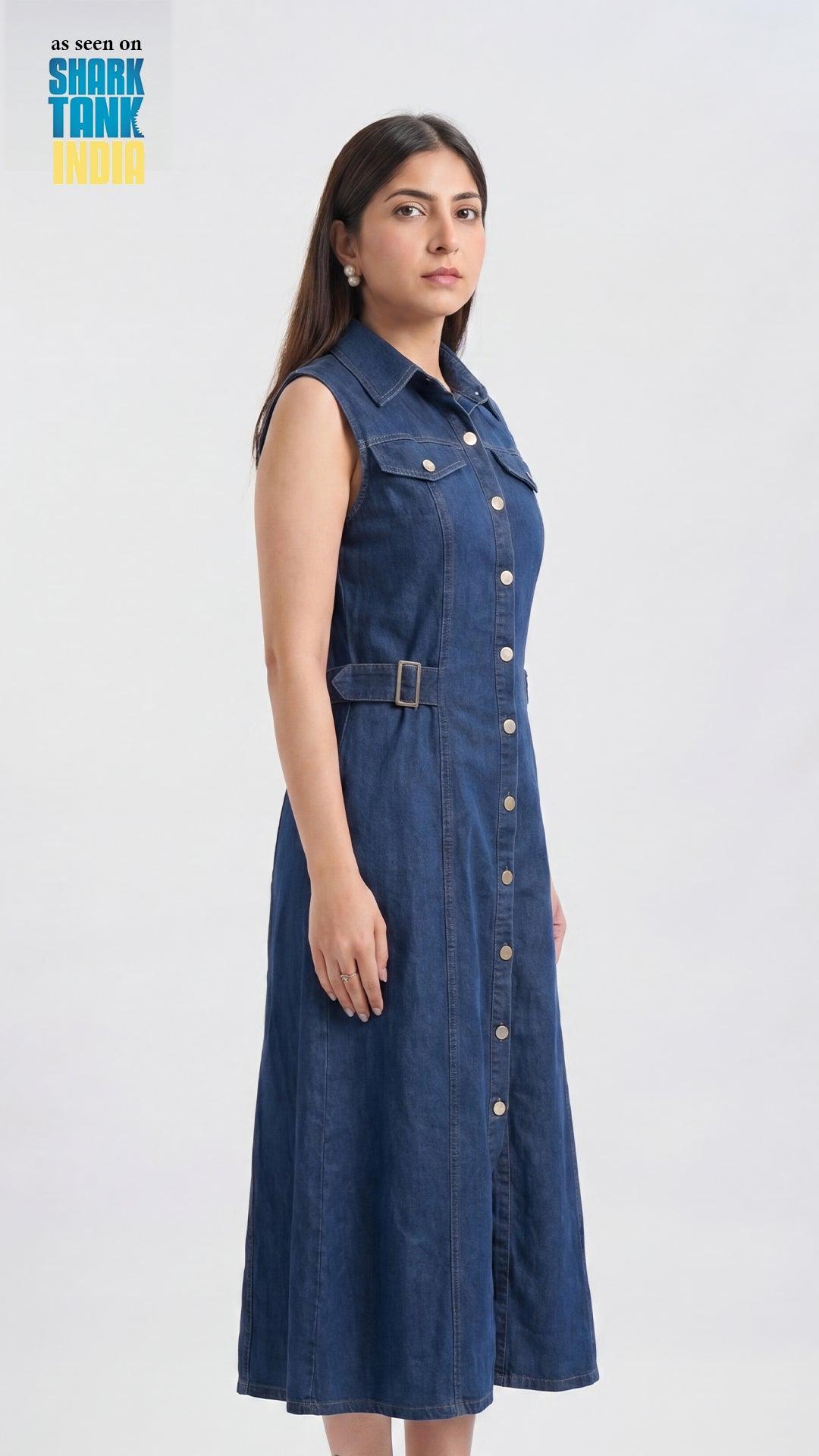 Woman wearing a blue denim dress on a white background