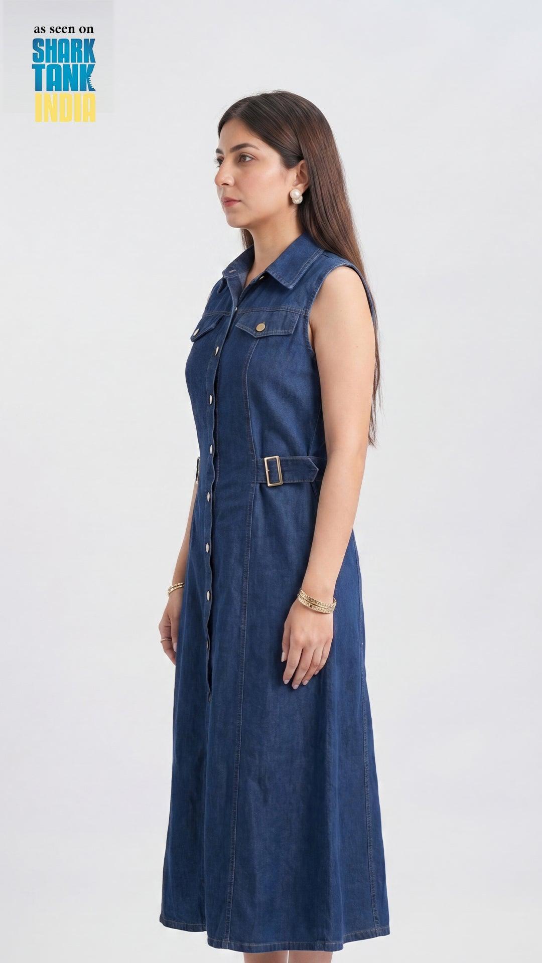 Woman wearing a blue denim dress on a white background
