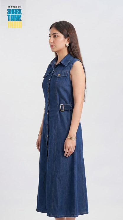 Woman wearing a blue denim dress on a white background