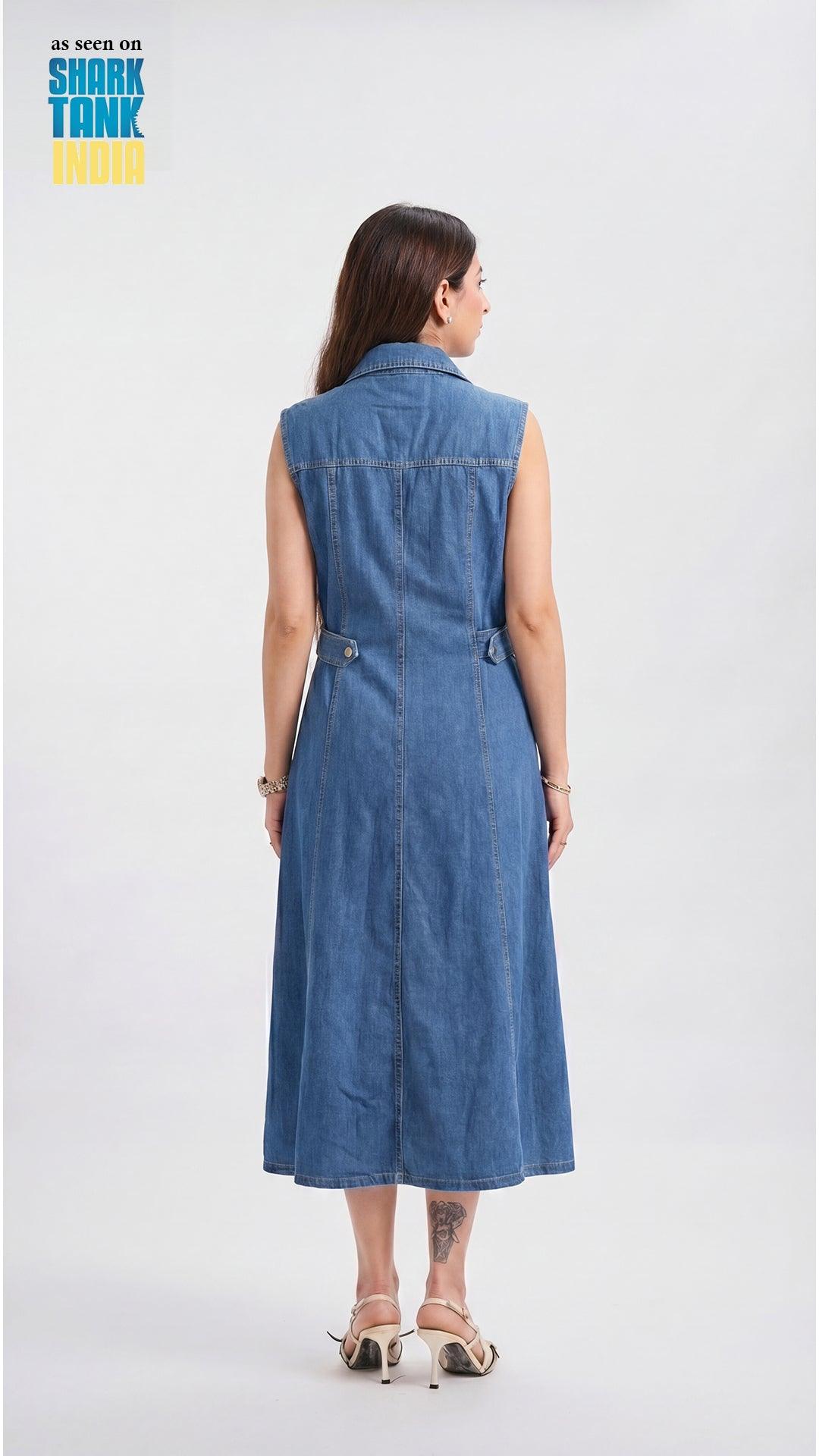 Woman wearing a blue denim dress on a white background with 'Shark Tank' branding.