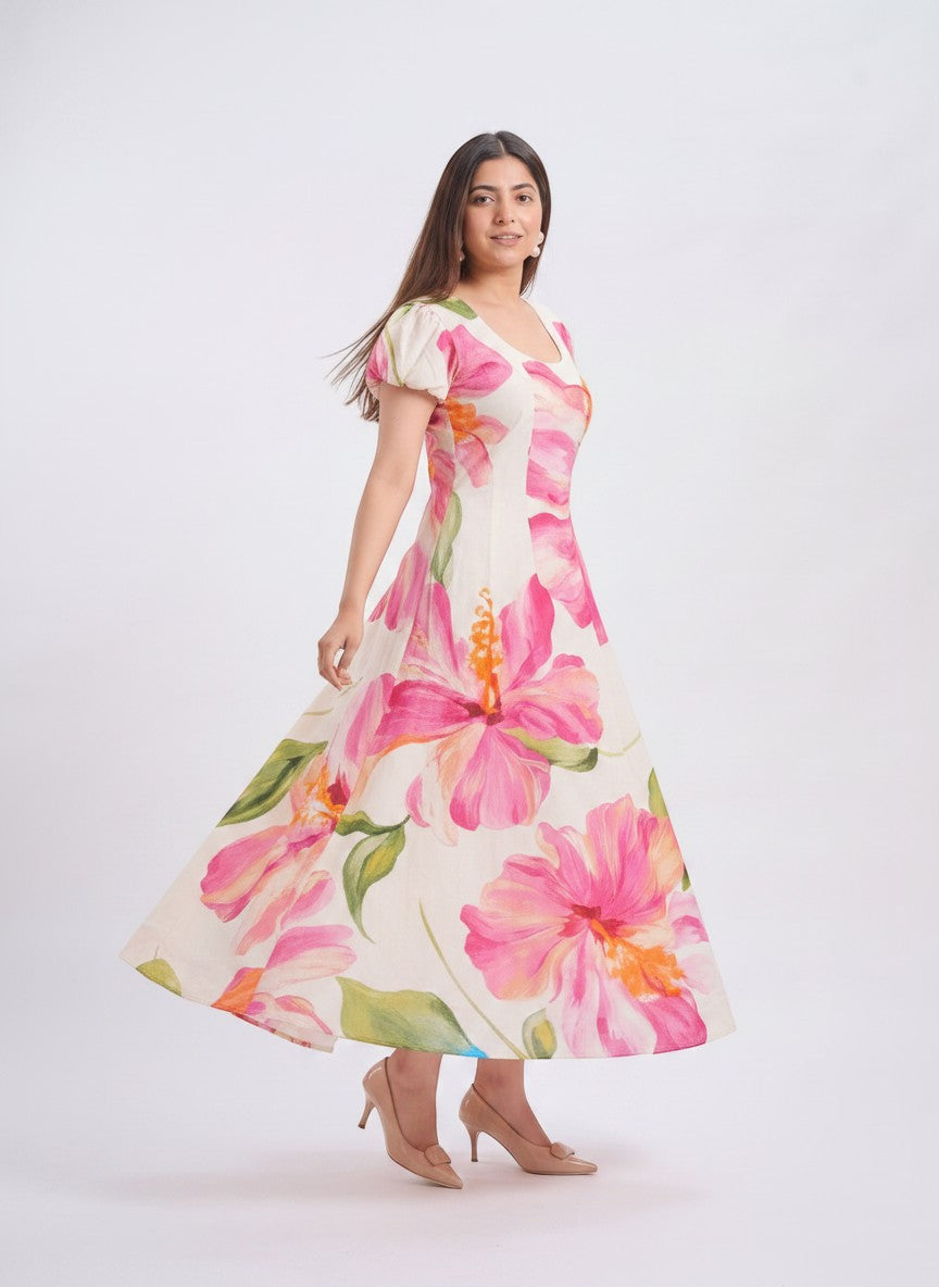 TBFO floral print maxi dress with puff sleeves and scoop neckline worn by a model in a studio setting