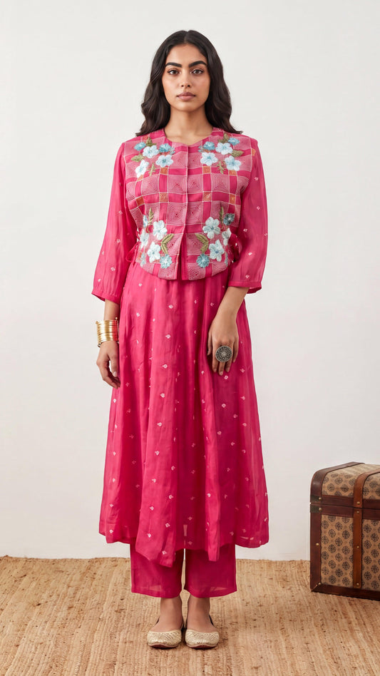 Woman wearing a pink traditional outfit with floral embroidery, standing next to a suitcase on a wooden floor.