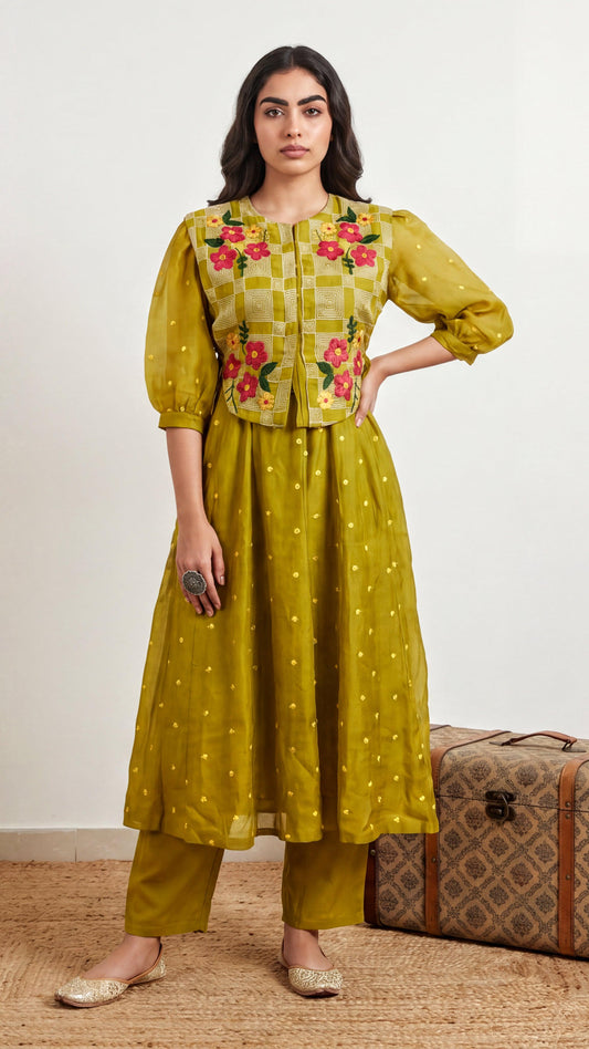 Woman wearing a yellow floral outfit standing next to a suitcase on a beige carpet.