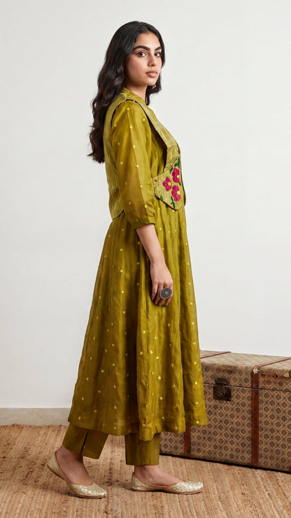 Woman wearing a green traditional outfit with floral details, standing next to a woven basket on a plain background.