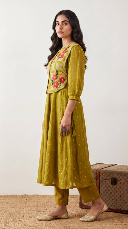 Woman wearing a mustard yellow traditional outfit with floral embroidery on a white background