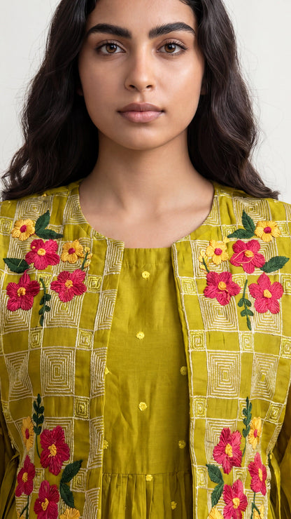 Woman wearing a yellow embroidered outfit with pink flowers on a plain background