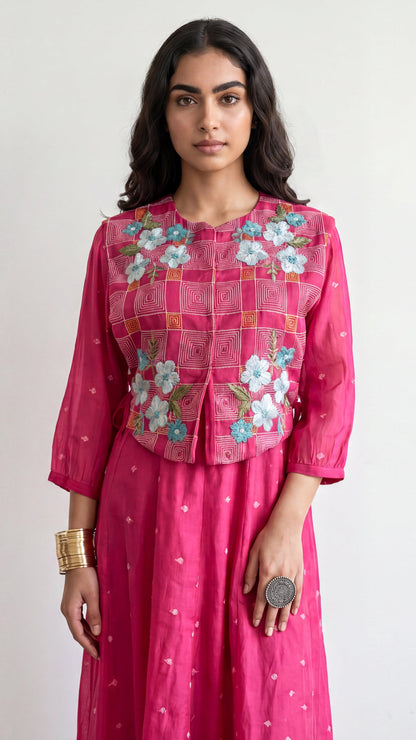 Woman wearing a pink traditional outfit with floral embroidery on a light gray background