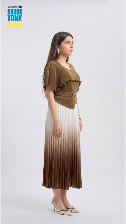 Woman wearing a brown and white gradient dress on a white background