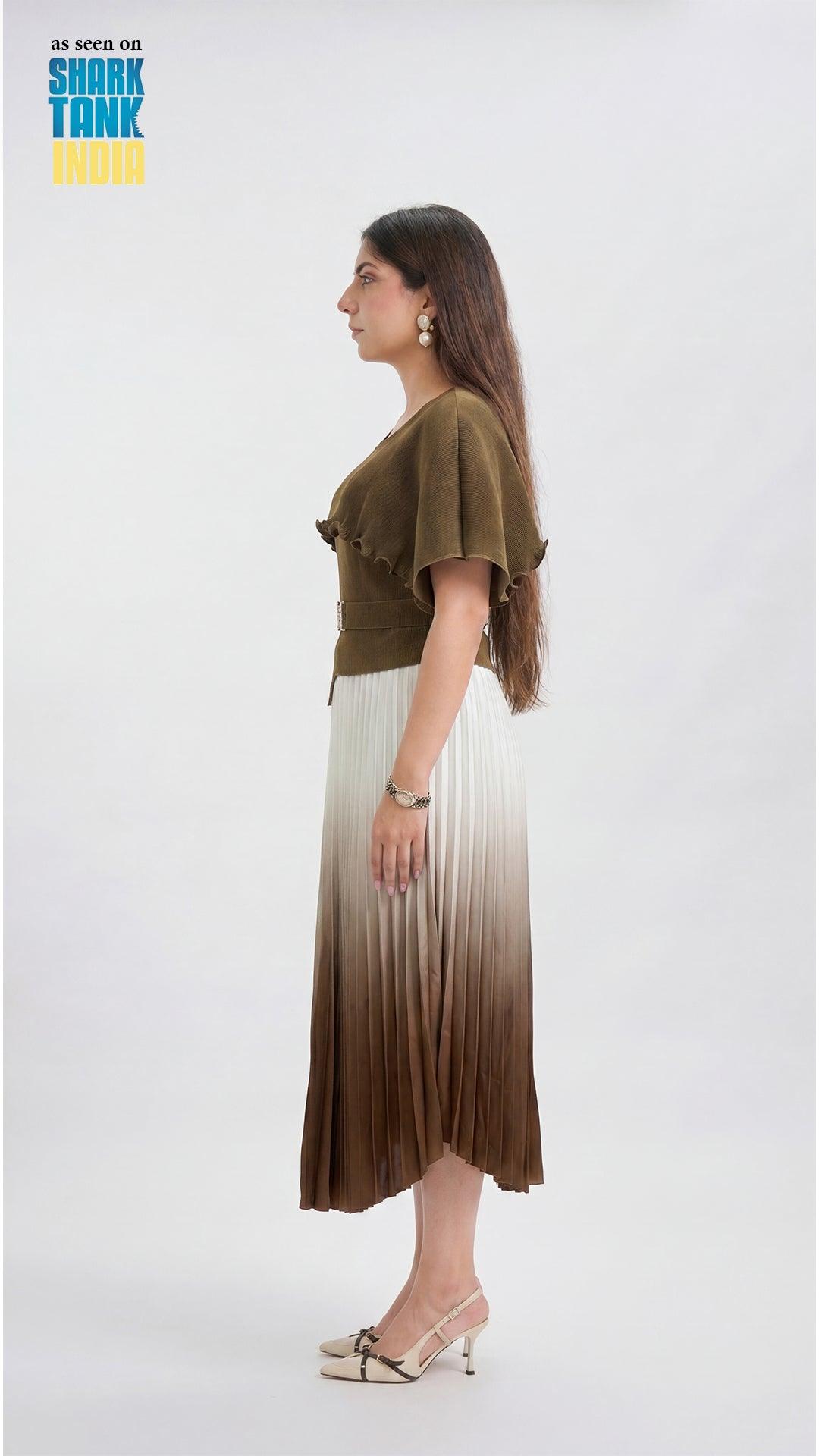 Woman wearing a green and white gradient dress on a white background