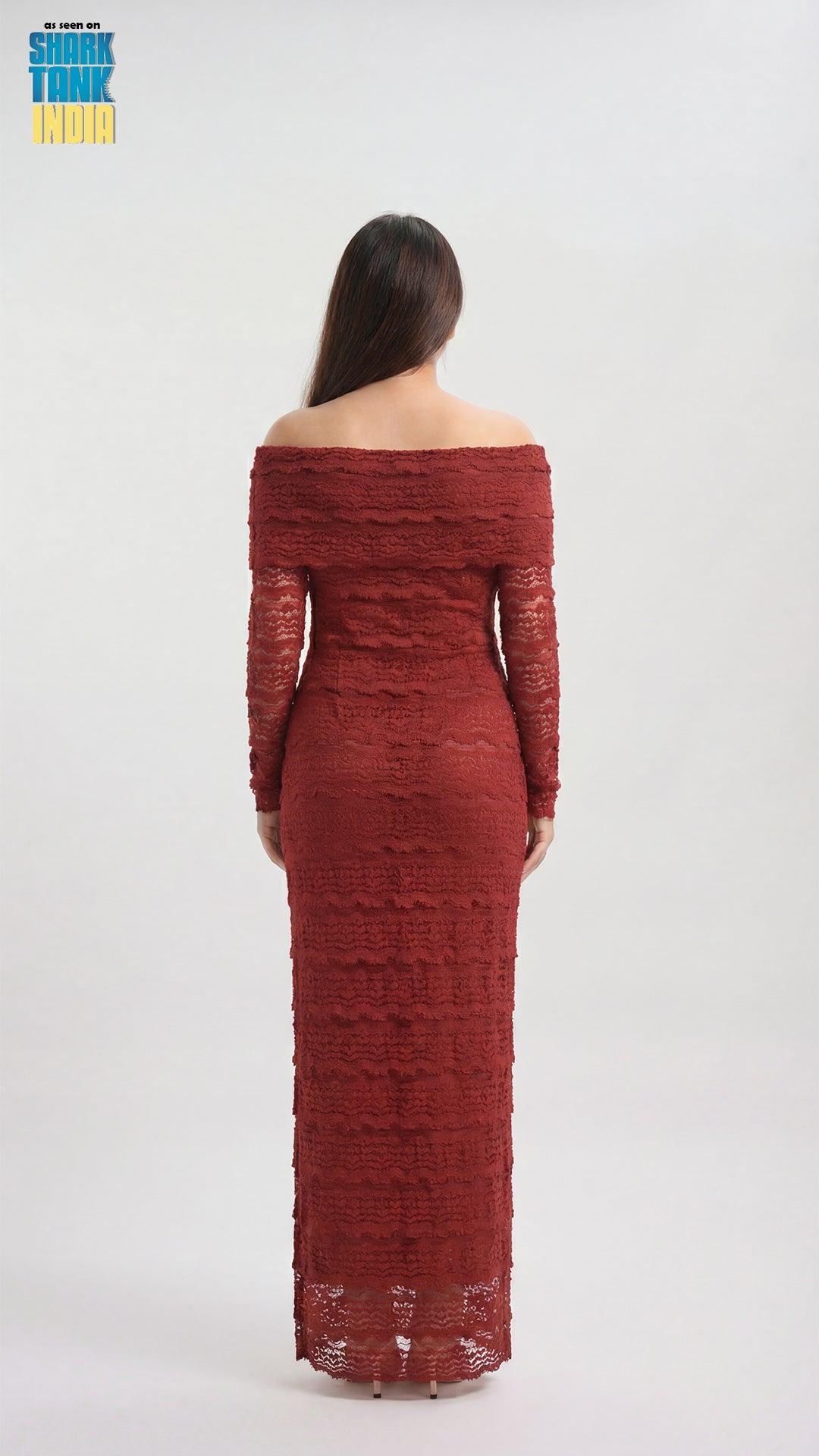 Red off-shoulder lace dress on a white background