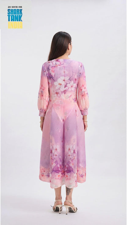 Woman wearing a pink floral dress with 'Shark Tank' branding on a white background