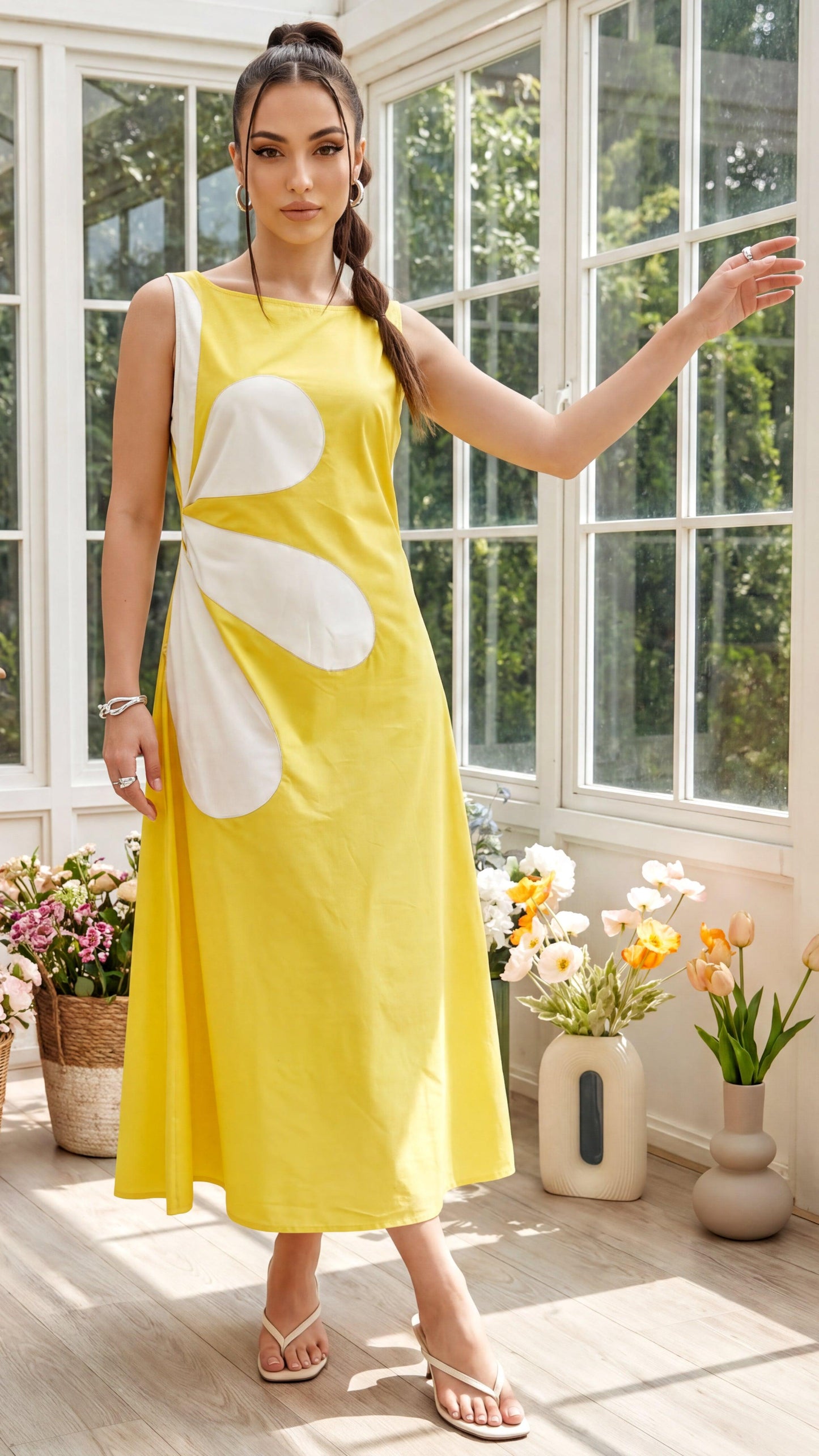 Woman in a yellow dress with white floral patterns standing in a sunlit room with large windows.