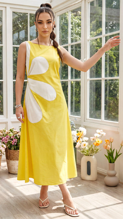 Woman in a yellow dress with white floral patterns standing in a sunlit room with large windows.