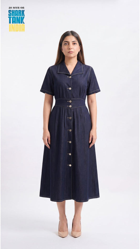Woman wearing a navy dress with buttons on a white background