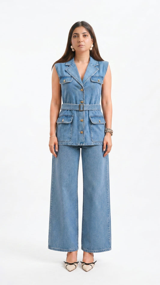 Woman wearing a denim vest and wide-leg jeans on a white background