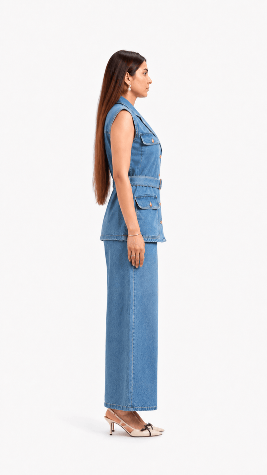 Woman wearing a blue denim jumpsuit on a white background