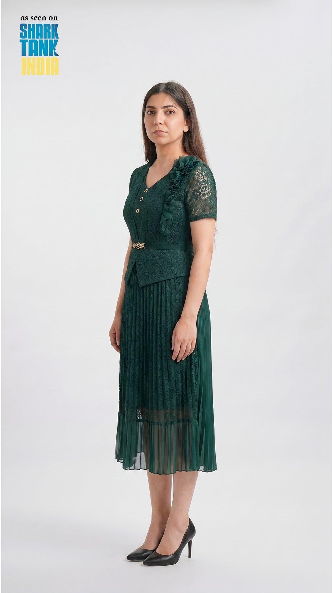 Woman wearing a green dress on a white background