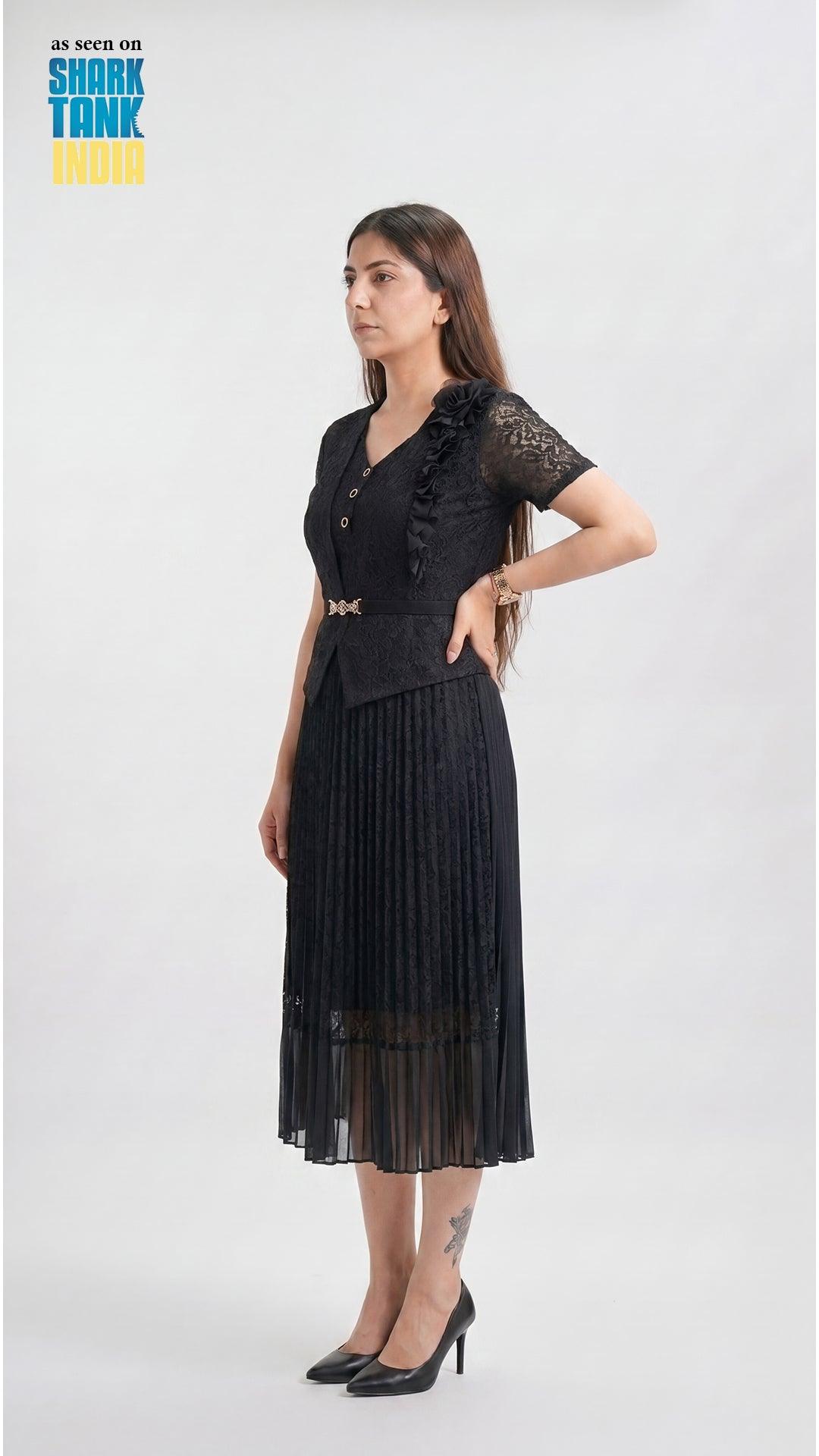 Woman wearing a black dress with a white background